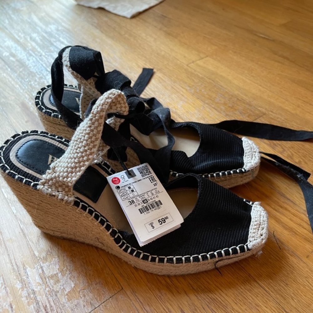 Brand new with tags, espadrille style wedges with ankle ribbon ties, Zara S 38